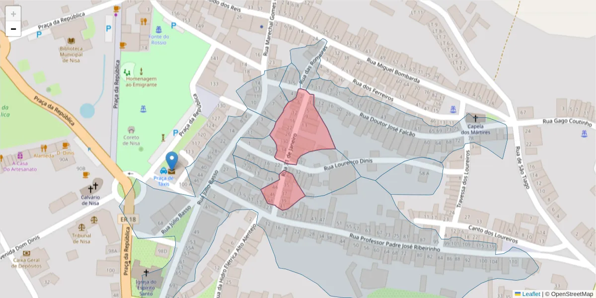 Mapa detalhado do código postal 6050-307 com limites, códigos postais vizinhos e agências dos correios