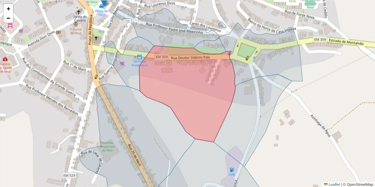 Mapa detalhado do código postal 6050-314 com limites, códigos postais vizinhos e agências dos correios