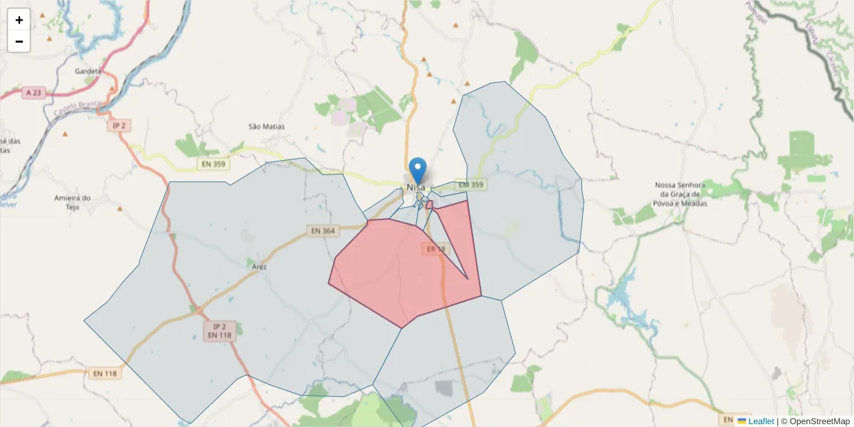 Mapa detalhado do código postal 6050-388 com limites, códigos postais vizinhos e agências dos correios