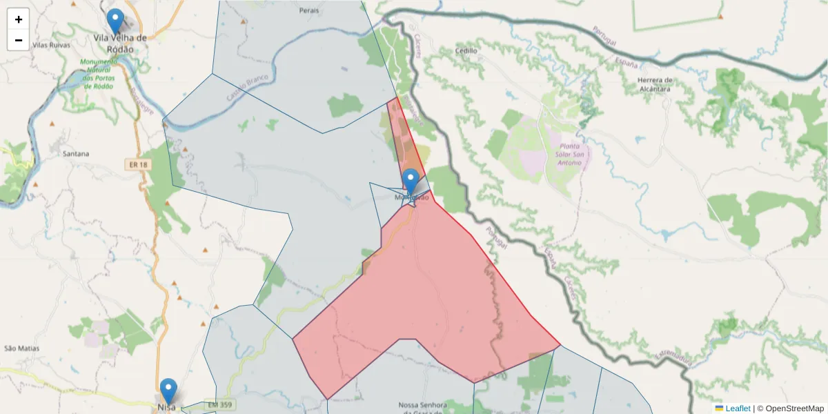 Mapa detalhado do código postal 6050-431 com limites, códigos postais vizinhos e agências dos correios