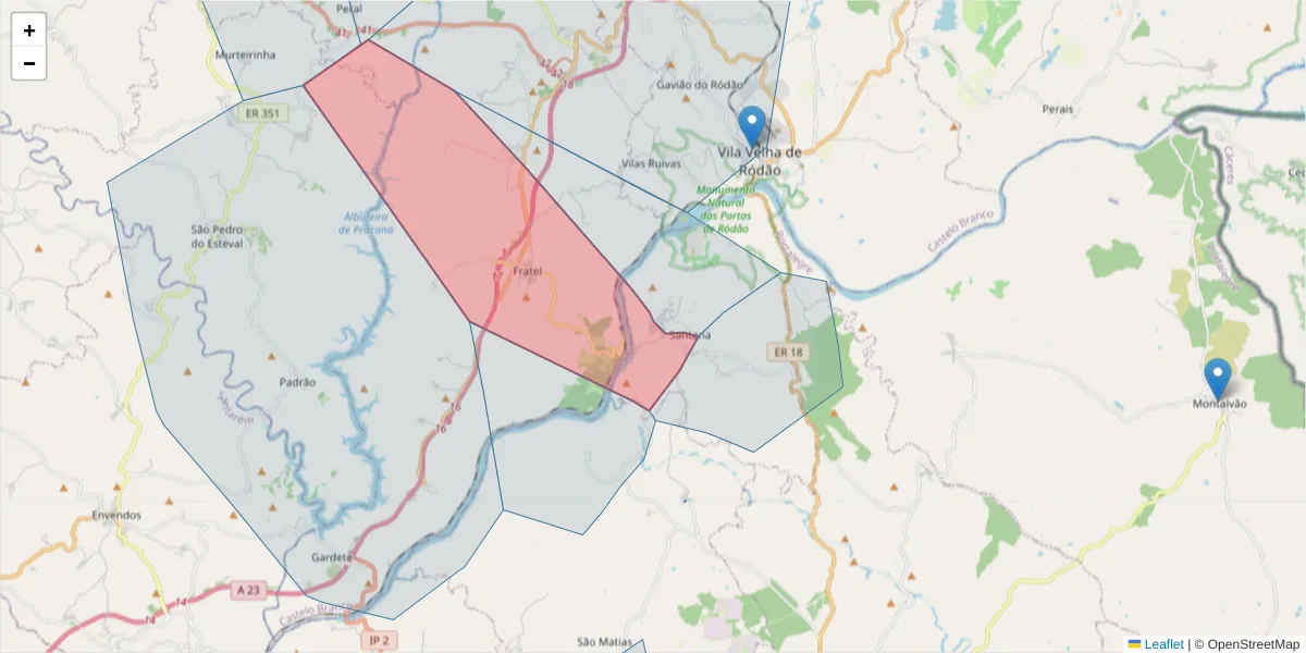 Mapa detalhado do código postal 6050-453 com limites, códigos postais vizinhos e agências dos correios