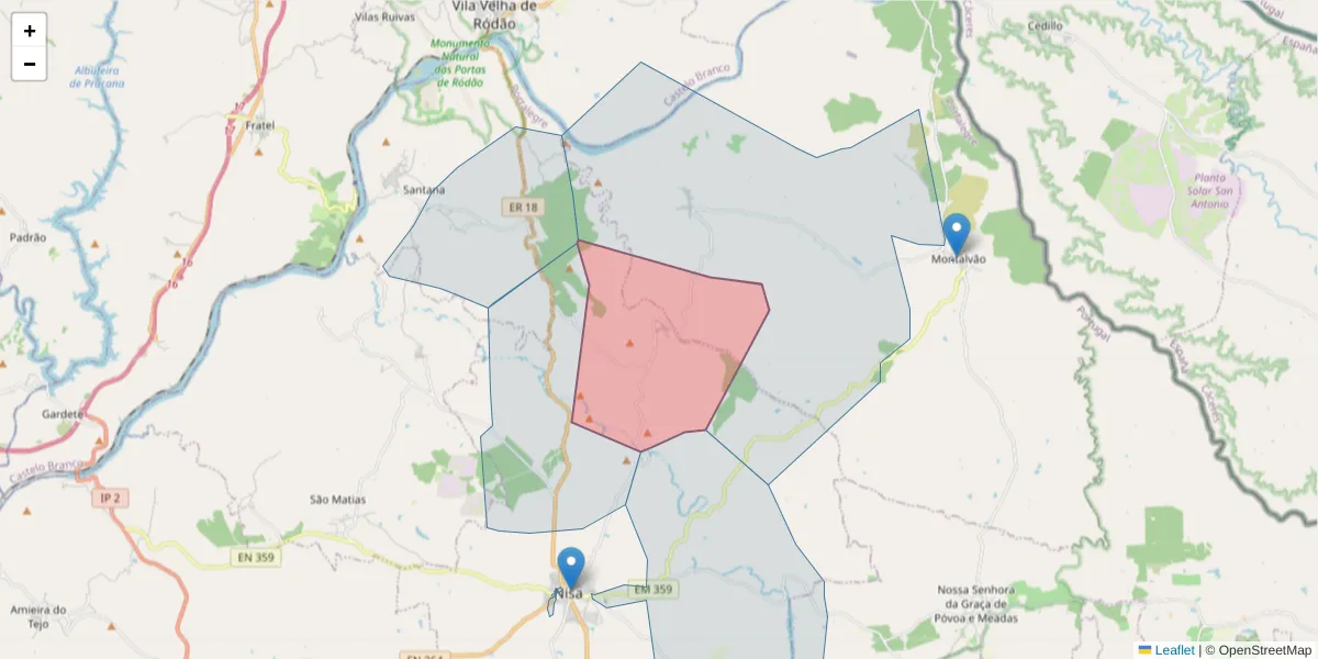 Mapa detalhado do código postal 6050-492 com limites, códigos postais vizinhos e agências dos correios