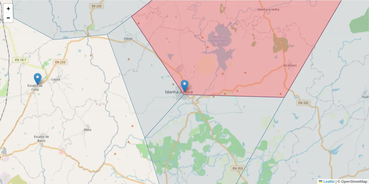 Mapa detalhado do código postal 6060-999 com limites, códigos postais vizinhos e agências dos correios