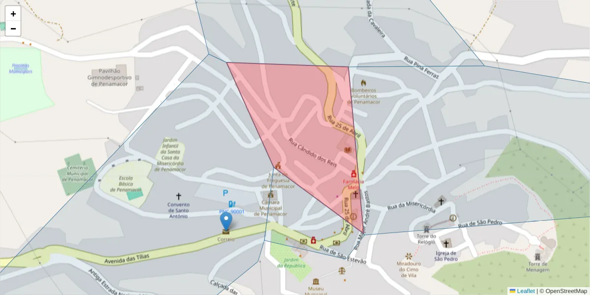Mapa detalhado do código postal 6090-522 com limites, códigos postais vizinhos e agências dos correios