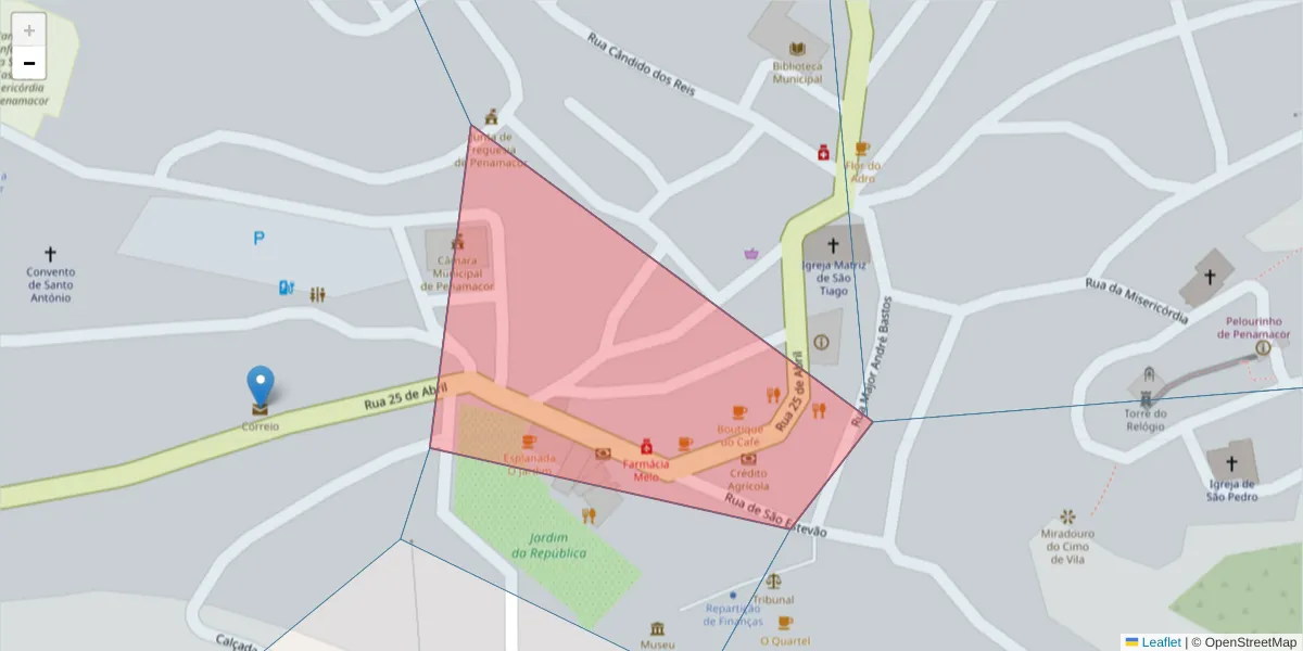 Mapa detalhado do código postal 6090-523 com limites, códigos postais vizinhos e agências dos correios