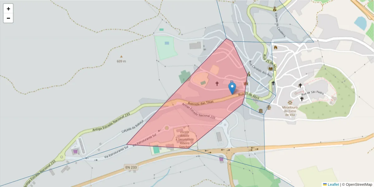 Mapa detalhado do código postal 6090-999 com limites, códigos postais vizinhos e agências dos correios