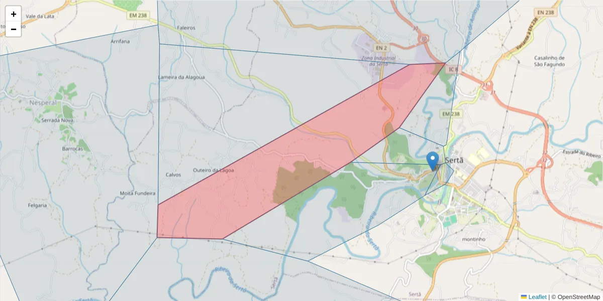 Mapa detalhado do código postal 6104-909 com limites, códigos postais vizinhos e agências dos correios
