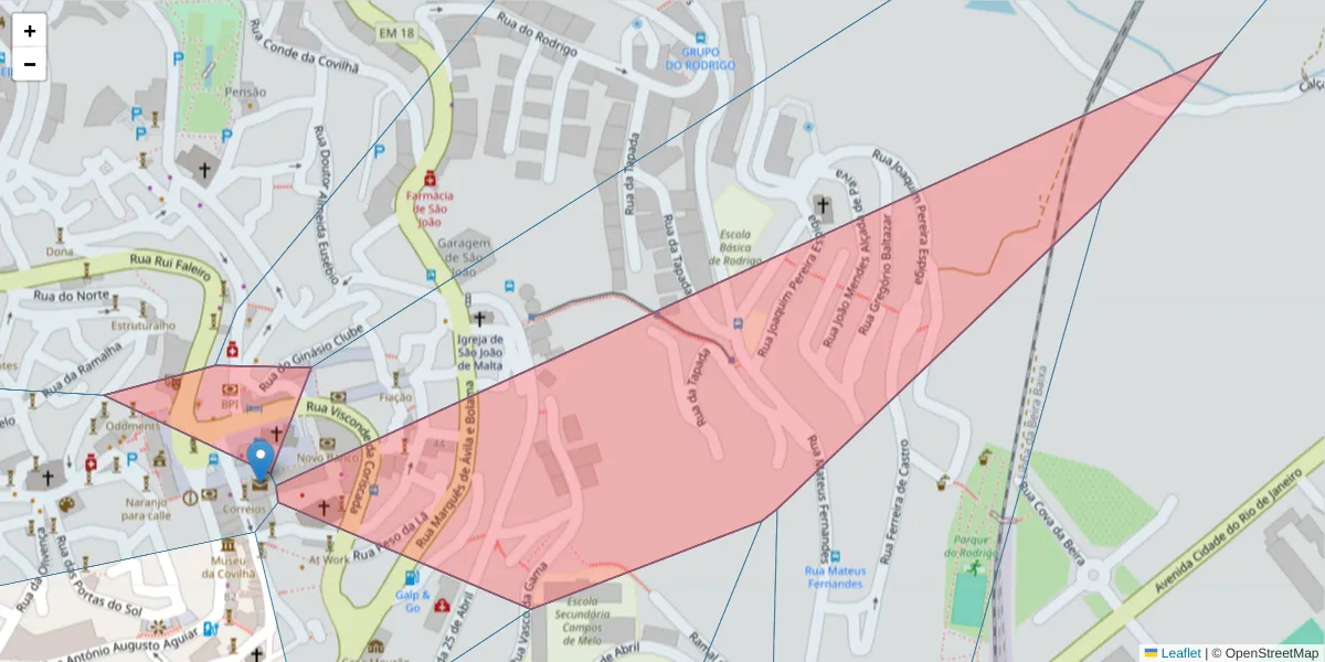 Mapa detalhado do código postal 6200-077 com limites, códigos postais vizinhos e agências dos correios