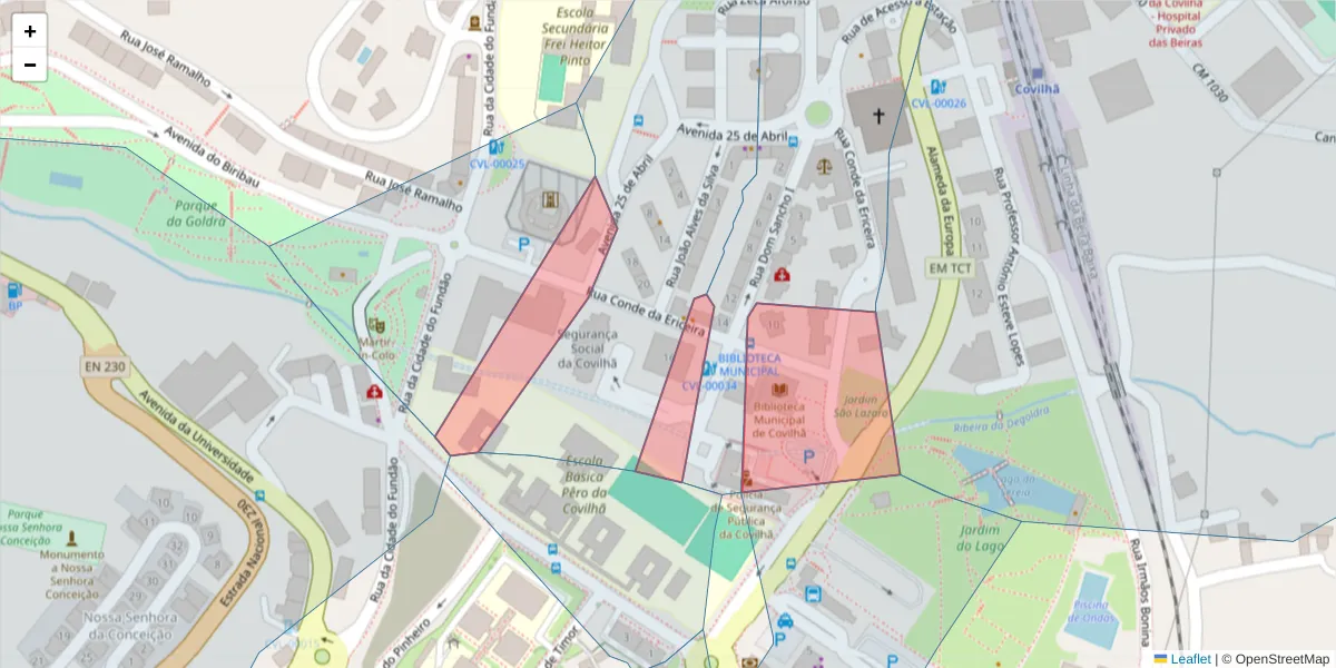 Mapa detalhado do código postal 6200-086 com limites, códigos postais vizinhos e agências dos correios