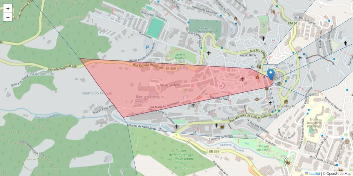 Mapa detalhado do código postal 6200-151 com limites, códigos postais vizinhos e agências dos correios