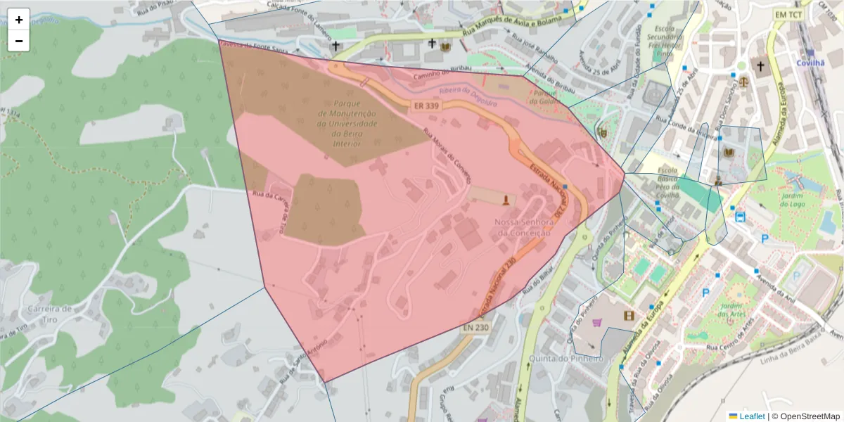 Mapa detalhado do código postal 6200-323 com limites, códigos postais vizinhos e agências dos correios