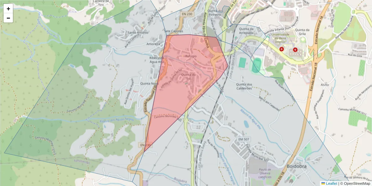 Mapa detalhado do código postal 6200-328 com limites, códigos postais vizinhos e agências dos correios