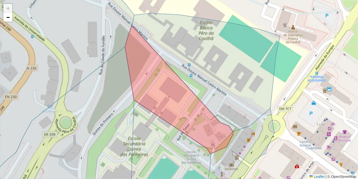Mapa detalhado do código postal 6200-504 com limites, códigos postais vizinhos e agências dos correios