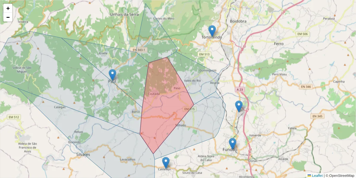 Mapa detalhado do código postal 6200-613 com limites, códigos postais vizinhos e agências dos correios