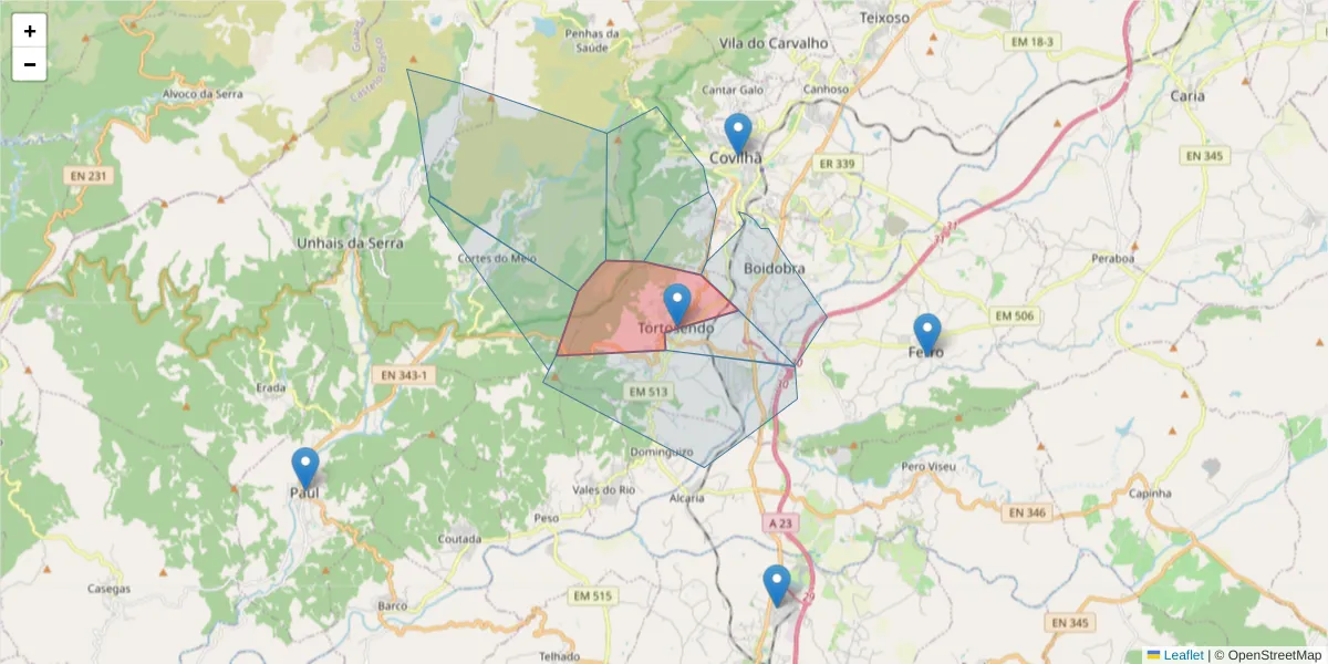 Mapa detalhado do código postal 6200-725 com limites, códigos postais vizinhos e agências dos correios