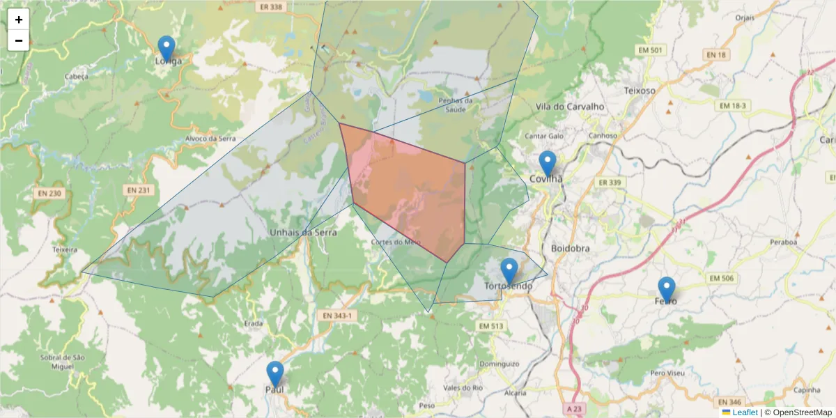 Mapa detalhado do código postal 6215-121 com limites, códigos postais vizinhos e agências dos correios