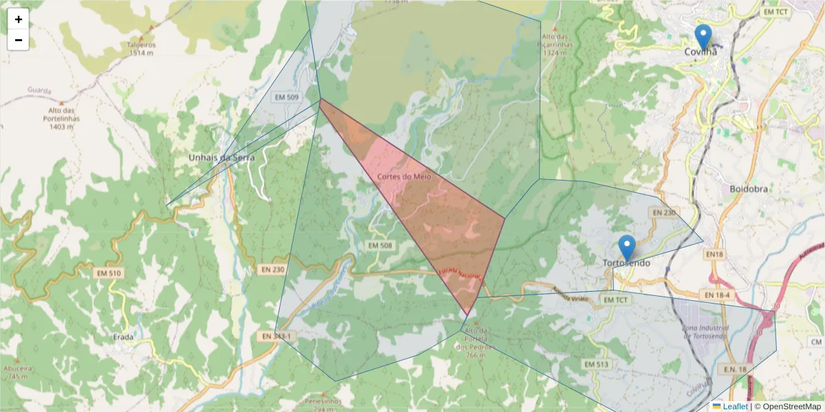 Mapa detalhado do código postal 6215-136 com limites, códigos postais vizinhos e agências dos correios