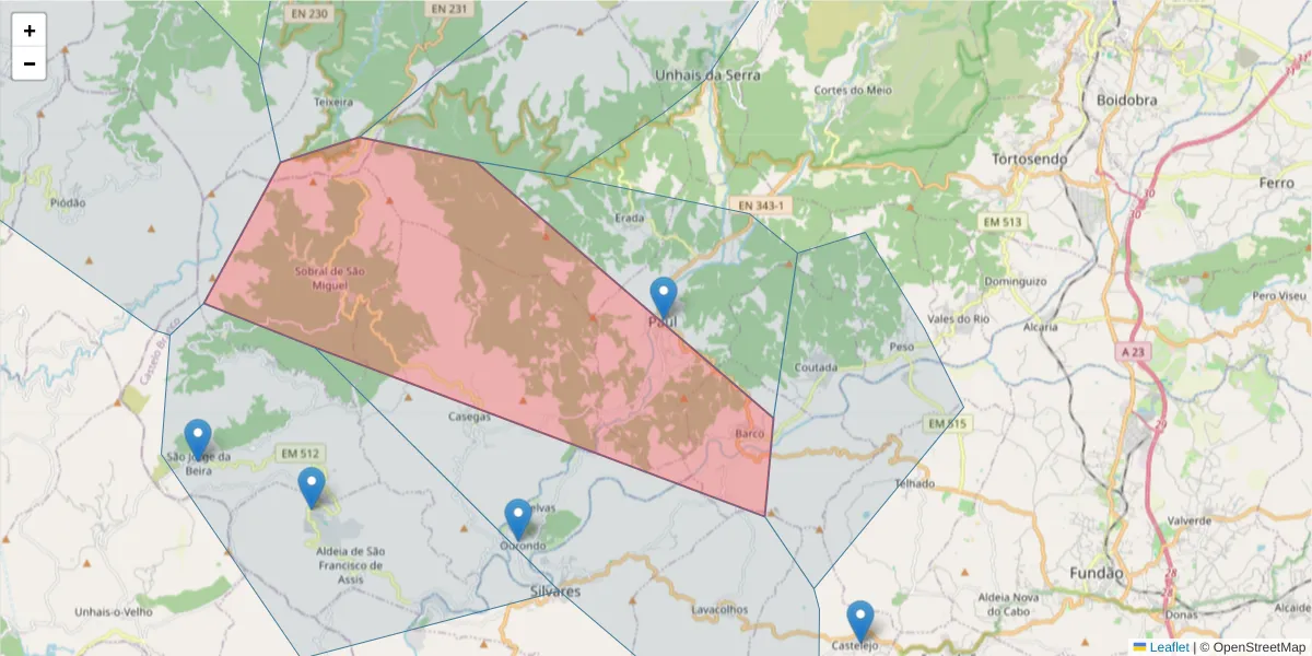 Mapa detalhado do código postal 6215-408 com limites, códigos postais vizinhos e agências dos correios