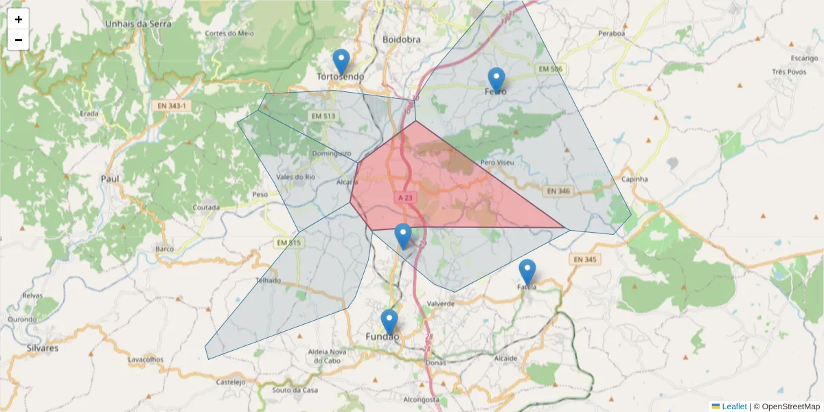 Mapa detalhado do código postal 6230-022 com limites, códigos postais vizinhos e agências dos correios