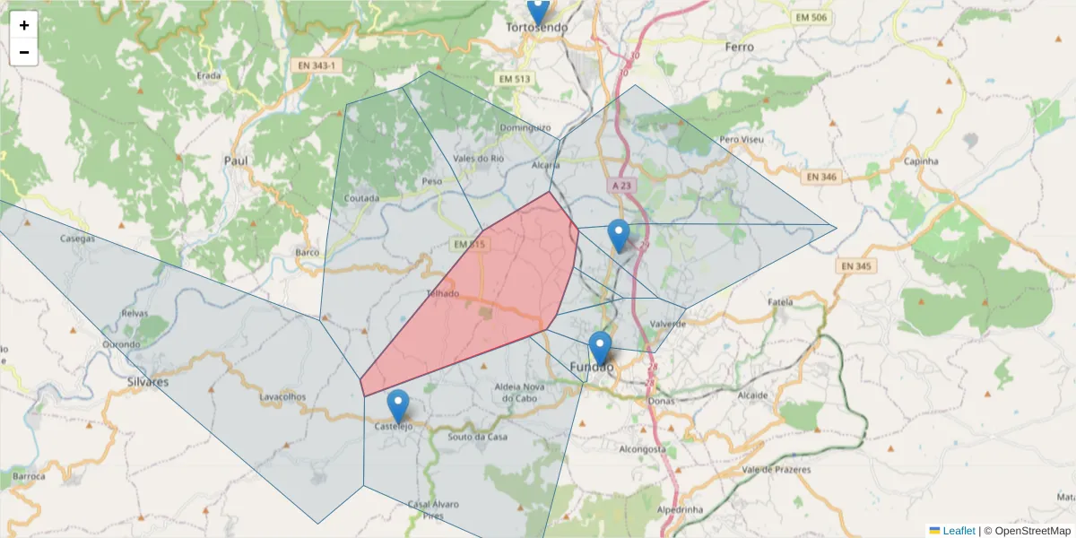 Mapa detalhado do código postal 6230-050 com limites, códigos postais vizinhos e agências dos correios