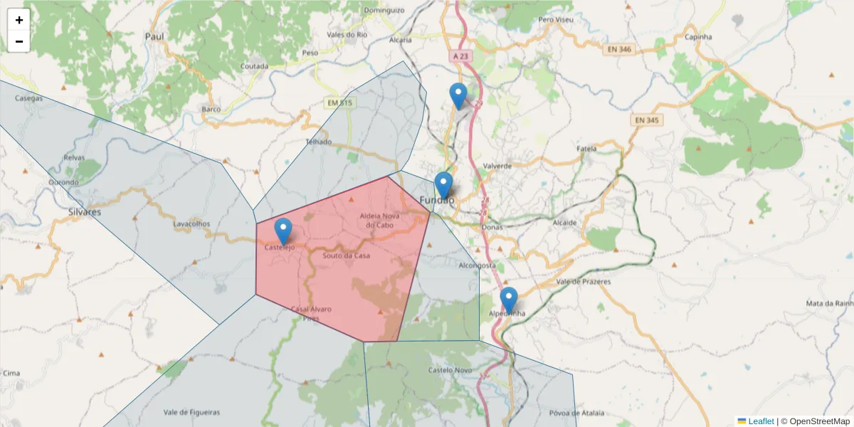 Mapa detalhado do código postal 6230-214 com limites, códigos postais vizinhos e agências dos correios