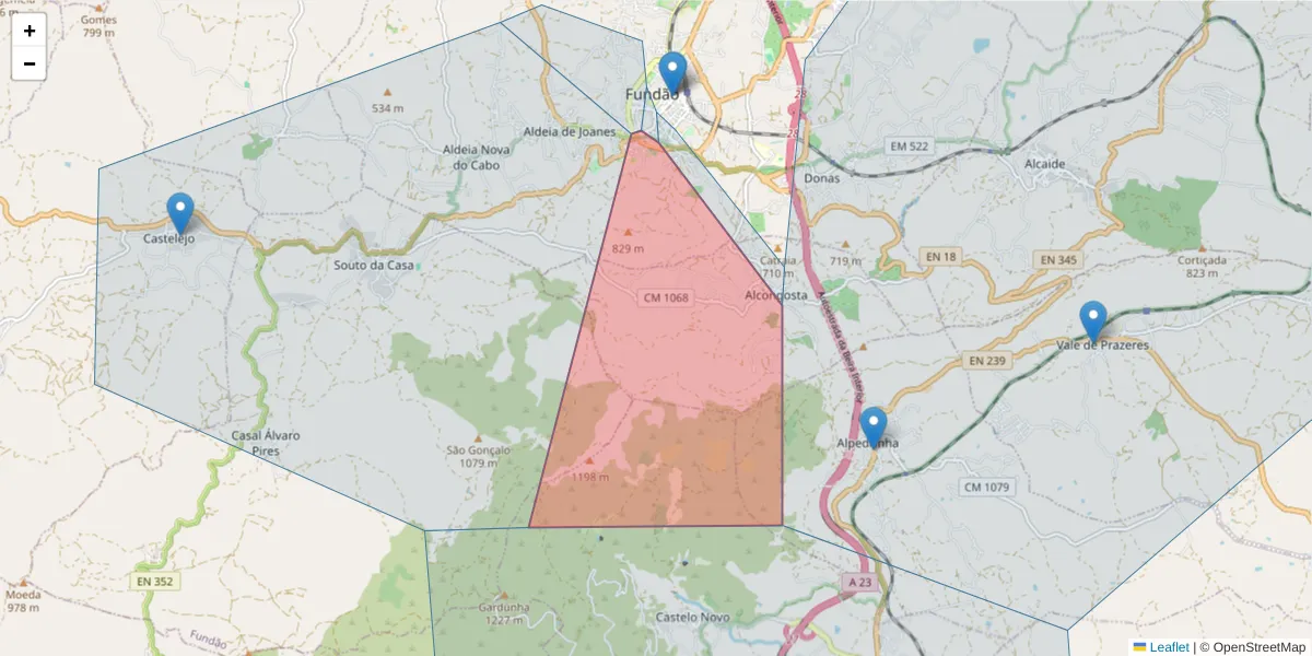 Mapa detalhado do código postal 6230-370 com limites, códigos postais vizinhos e agências dos correios