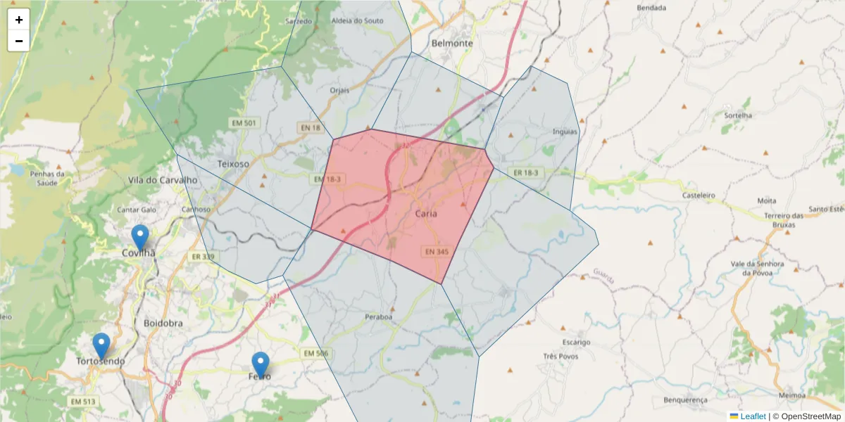 Mapa detalhado do código postal 6250-111 com limites, códigos postais vizinhos e agências dos correios