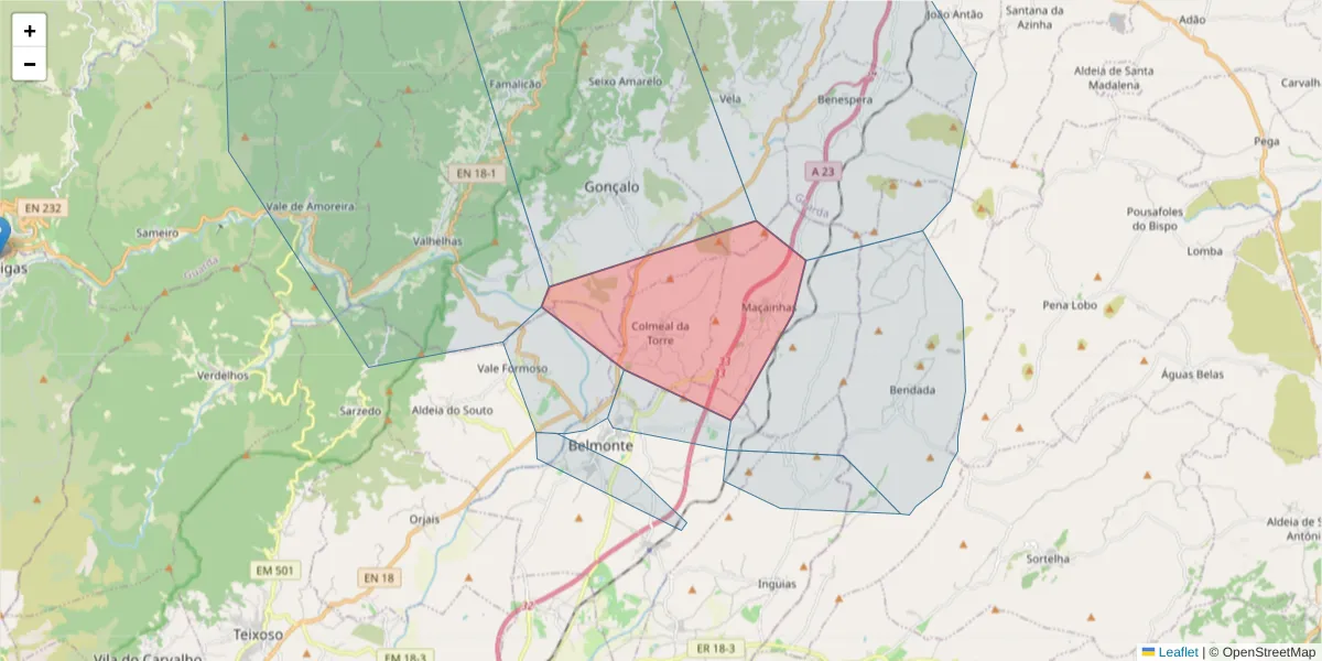 Mapa detalhado do código postal 6250-151 com limites, códigos postais vizinhos e agências dos correios