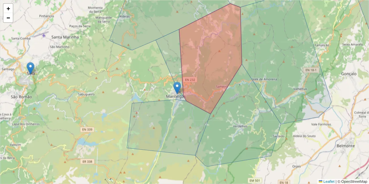 Mapa detalhado do código postal 6260-062 com limites, códigos postais vizinhos e agências dos correios