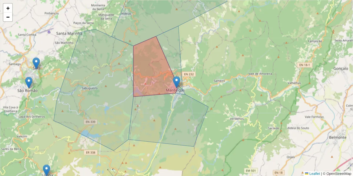 Mapa detalhado do código postal 6260-998 com limites, códigos postais vizinhos e agências dos correios