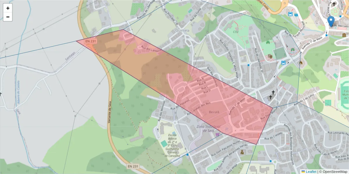 Mapa detalhado do código postal 6270-000 com limites, códigos postais vizinhos e agências dos correios