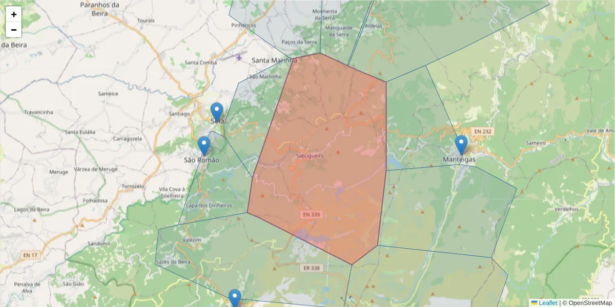 Mapa detalhado do código postal 6270-151 com limites, códigos postais vizinhos e agências dos correios