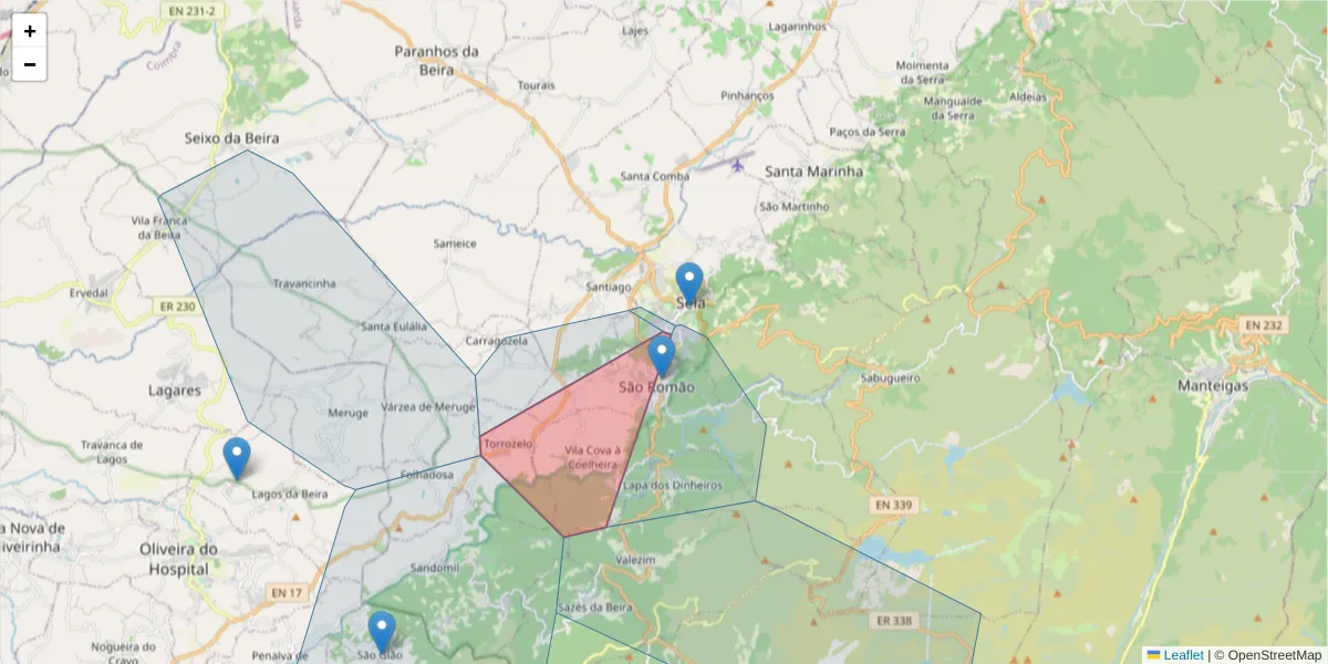 Mapa detalhado do código postal 6270-251 com limites, códigos postais vizinhos e agências dos correios