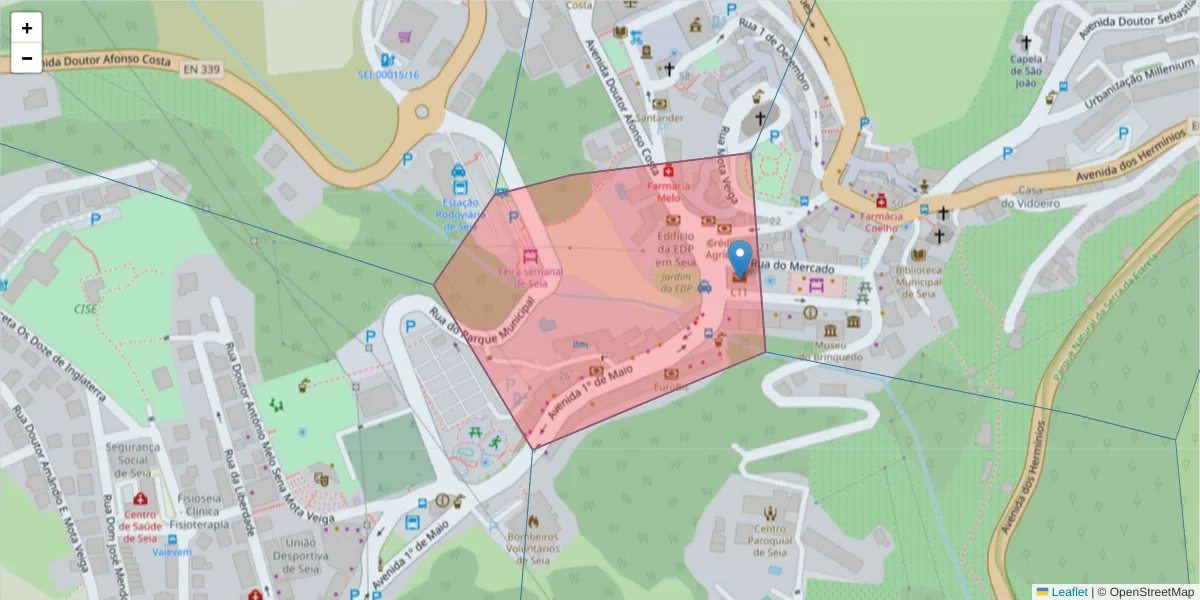 Mapa detalhado do código postal 6270-490 com limites, códigos postais vizinhos e agências dos correios