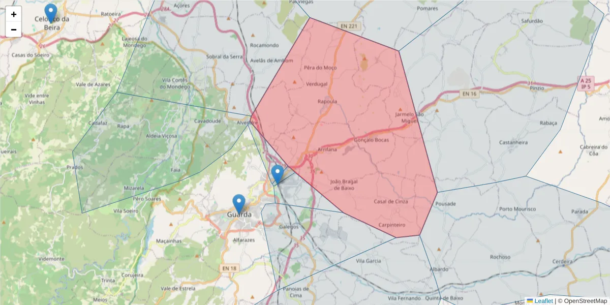 Mapa detalhado do código postal 6300-000 com limites, códigos postais vizinhos e agências dos correios