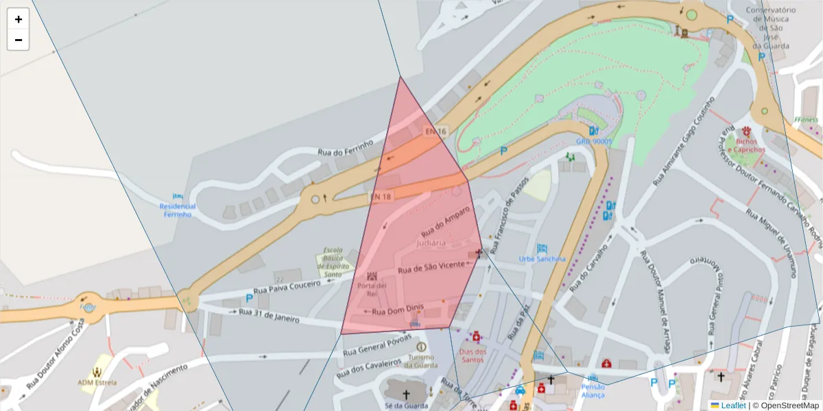 Mapa detalhado do código postal 6300-516 com limites, códigos postais vizinhos e agências dos correios
