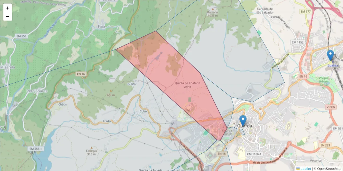 Mapa detalhado do código postal 6300-734 com limites, códigos postais vizinhos e agências dos correios