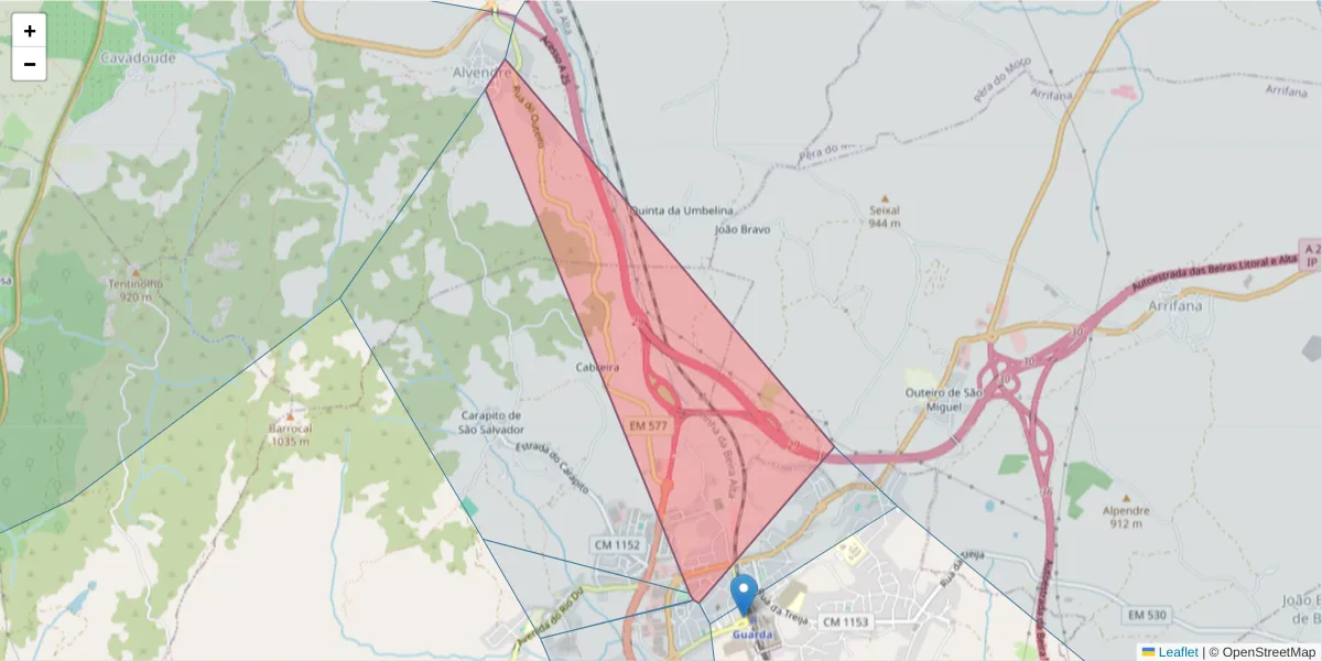 Mapa detalhado do código postal 6300-864 com limites, códigos postais vizinhos e agências dos correios