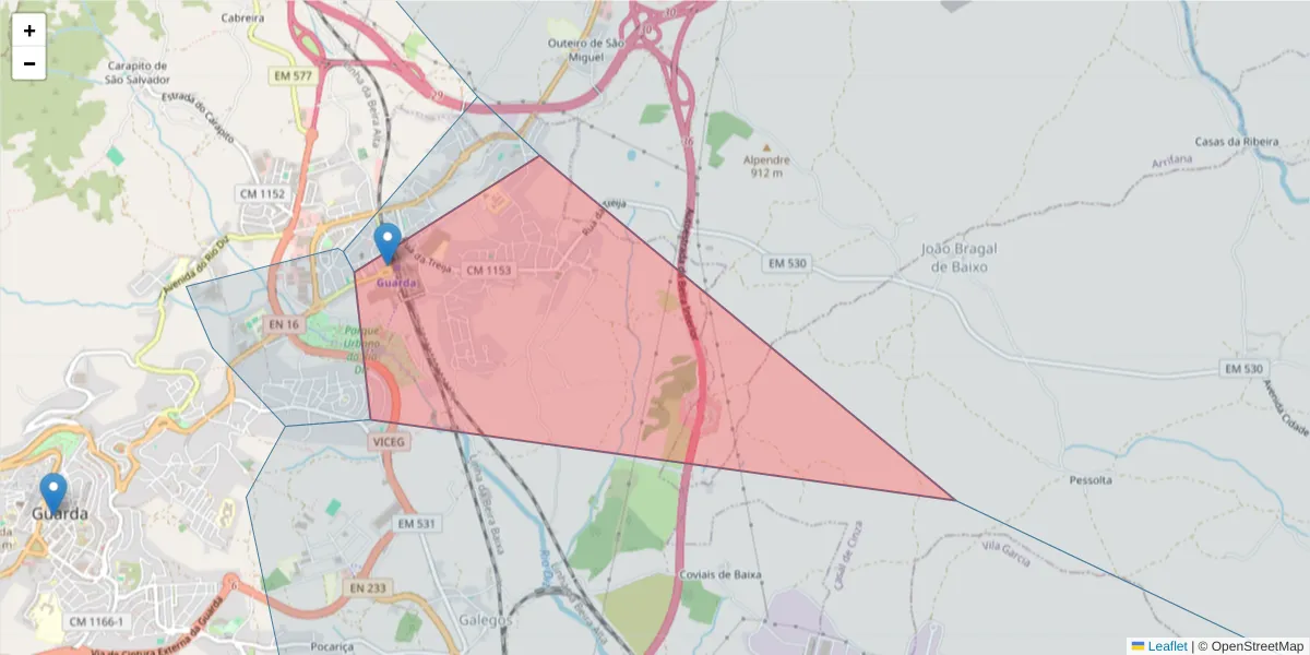 Mapa detalhado do código postal 6300-998 com limites, códigos postais vizinhos e agências dos correios