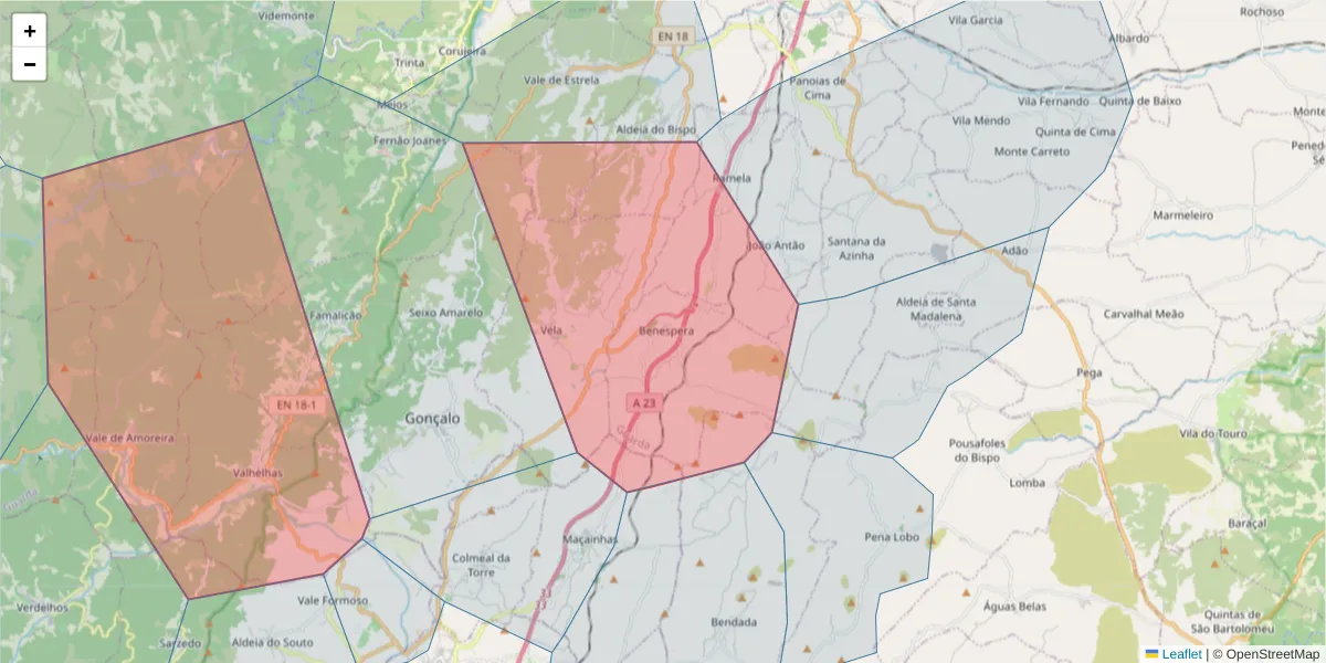 Mapa detalhado do código postal 6300 com limites, códigos postais vizinhos e agências dos correios