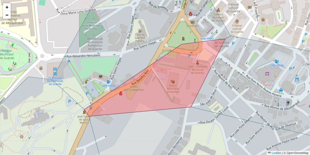 Mapa detalhado do código postal 6301-856 com limites, códigos postais vizinhos e agências dos correios