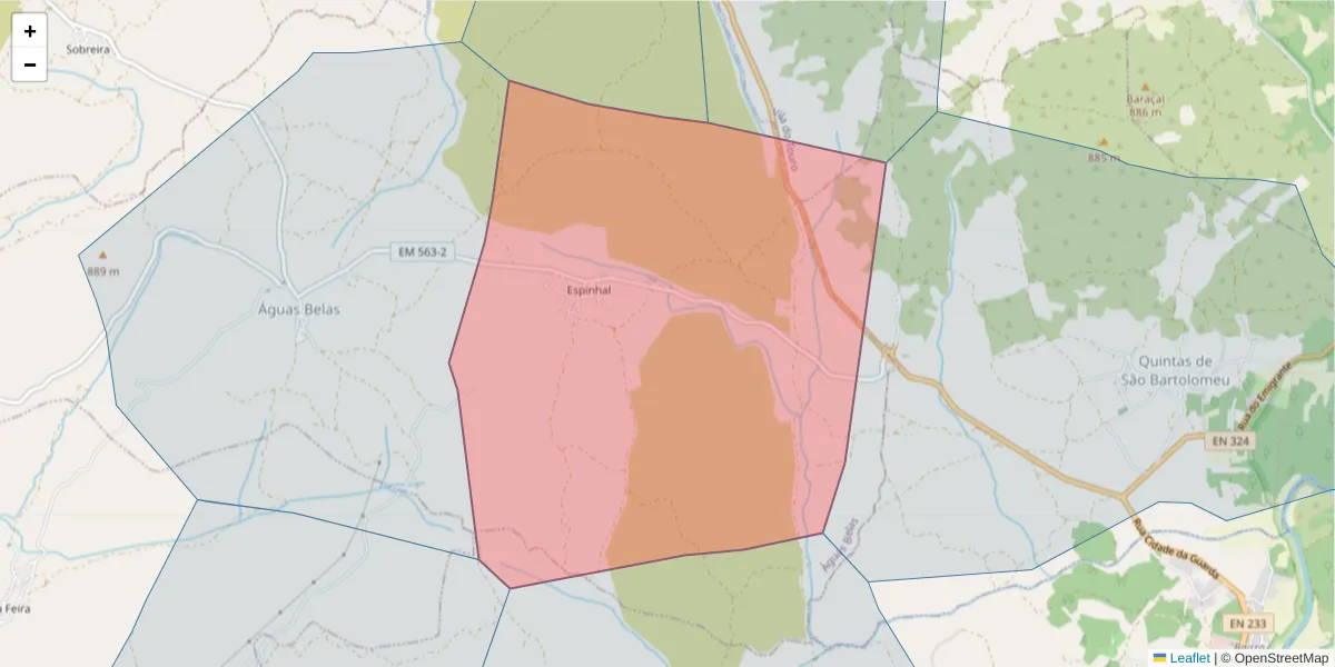 Mapa detalhado do código postal 6320-012 com limites, códigos postais vizinhos e agências dos correios