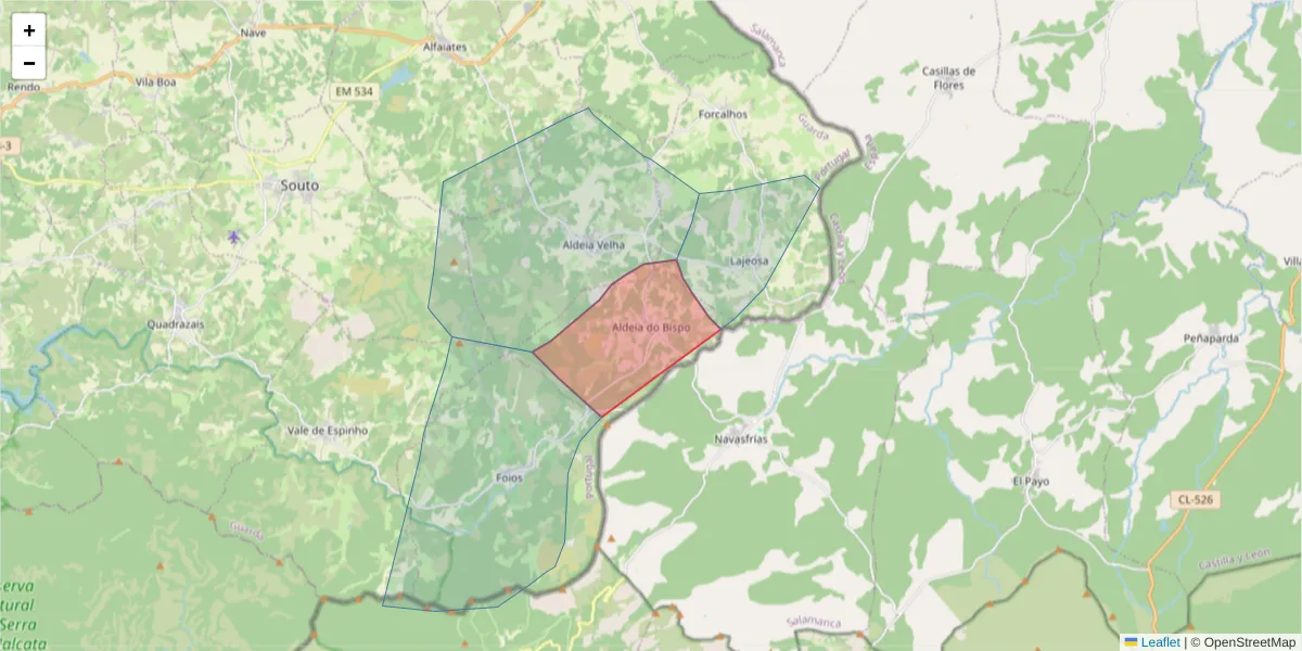 Mapa detalhado do código postal 6320-021 com limites, códigos postais vizinhos e agências dos correios