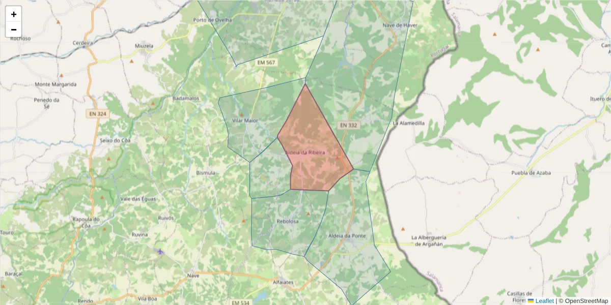 Mapa detalhado do código postal 6320-041 com limites, códigos postais vizinhos e agências dos correios