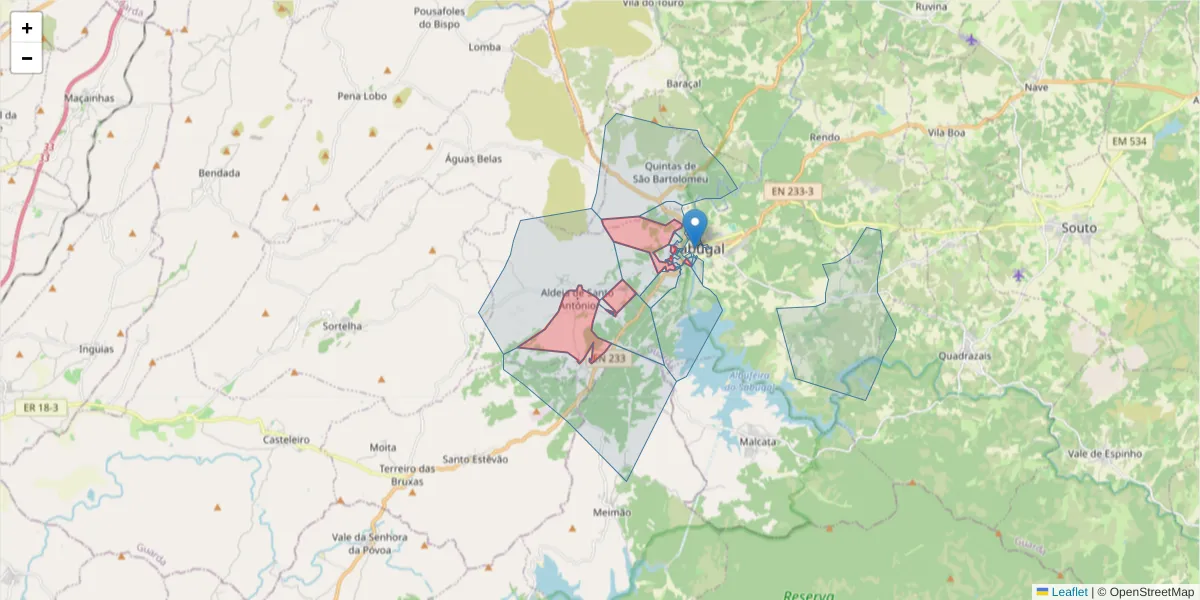 Mapa detalhado do código postal 6320-052 com limites, códigos postais vizinhos e agências dos correios