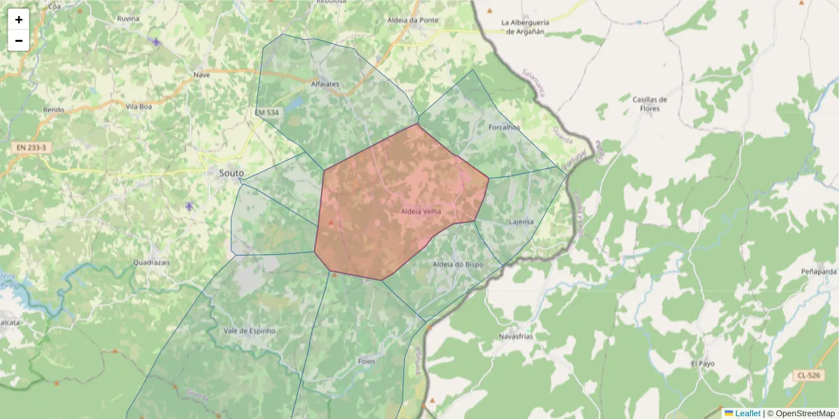 Mapa detalhado do código postal 6320-069 com limites, códigos postais vizinhos e agências dos correios