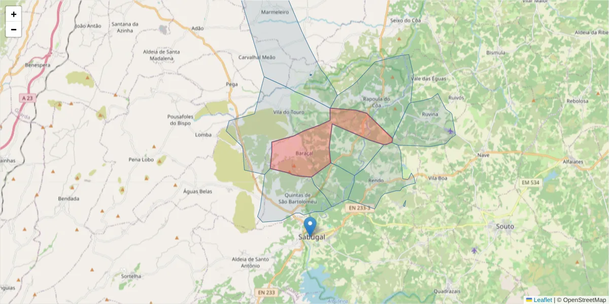 Mapa detalhado do código postal 6320-101 com limites, códigos postais vizinhos e agências dos correios