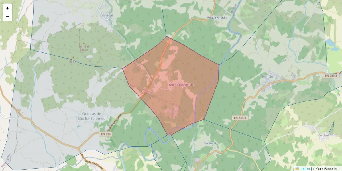 Mapa detalhado do código postal 6320-102 com limites, códigos postais vizinhos e agências dos correios
