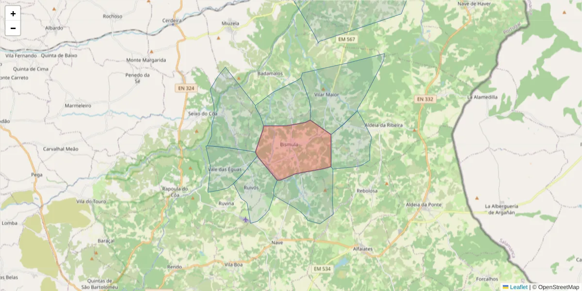 Mapa detalhado do código postal 6320-111 com limites, códigos postais vizinhos e agências dos correios