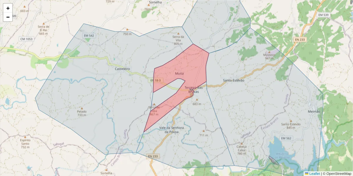 Mapa detalhado do código postal 6320-201 com limites, códigos postais vizinhos e agências dos correios